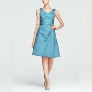David's Bridal 83168 Short Satin Off-the-Shoulder A-Line Teal Blue Dress Size 2